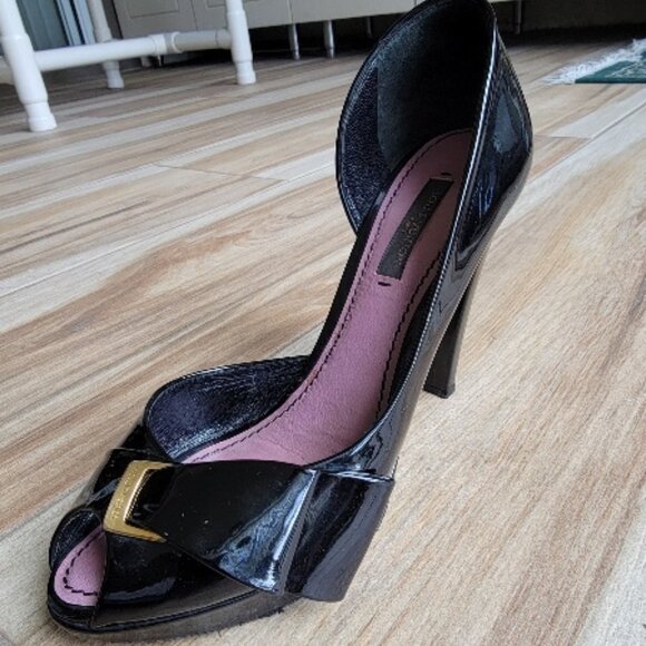 Louis Vuitton Black Leather Gold Buckle Bow Peep Toe Platform Slingback Sandals - Picture 1 of 12